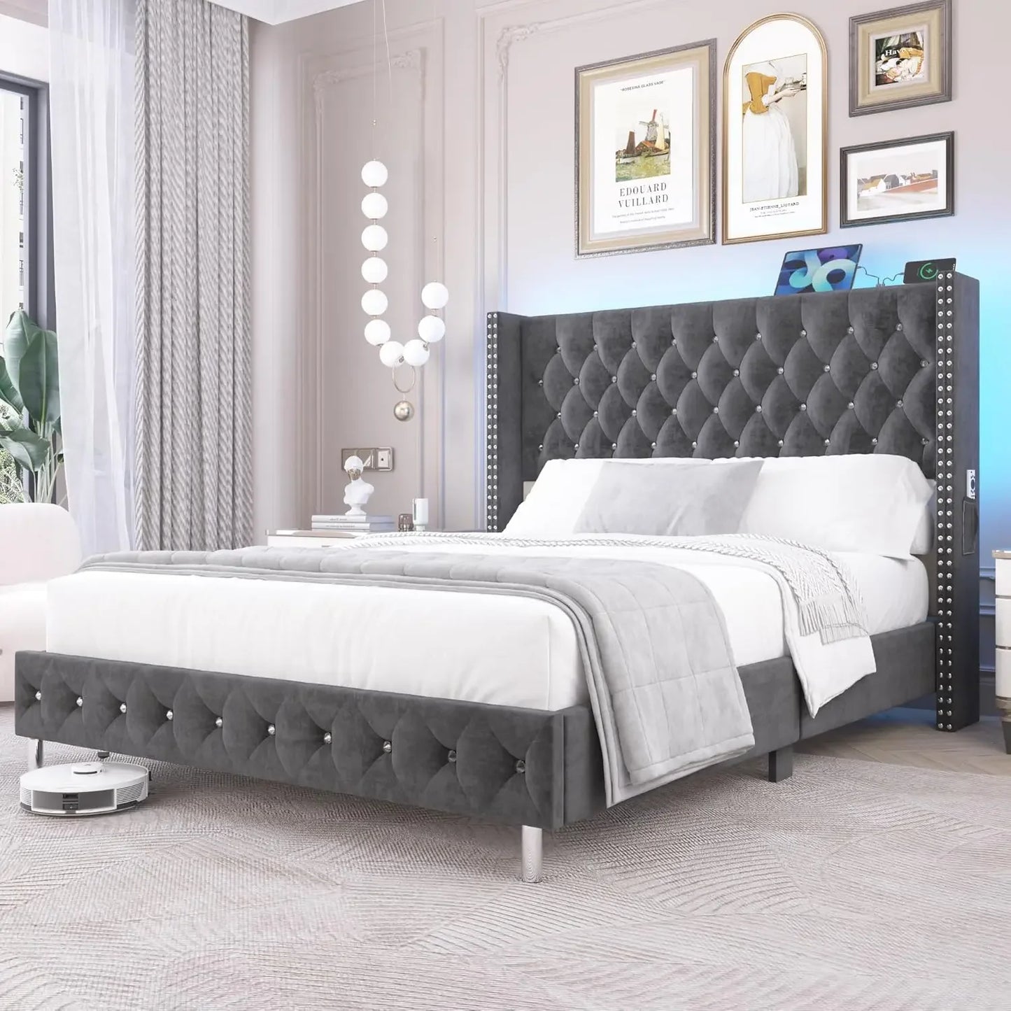 Queen LED Bed Frame with Wingback Headboard, Velvet Diamond Button Tufted Bed Frame w/USB&Type-C Ports Bed Frame