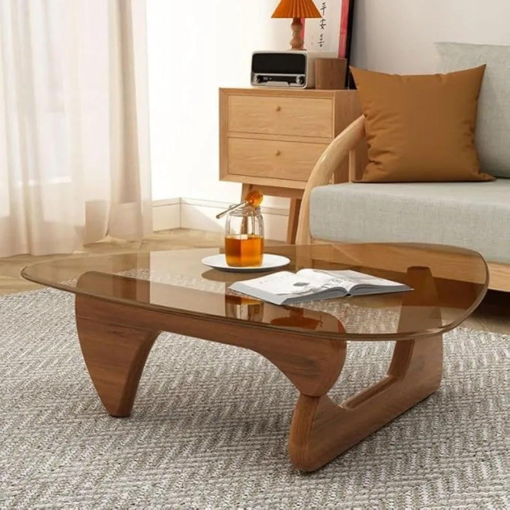 Triangle Coffee Table in Walnut Mid Century Modern Solid Wood Base and Triangle Clear Glass Coffee Table for Living Room