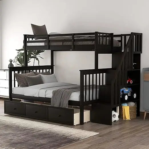 Bunk Bed ,with Stairs, with Storage Drawers and Shelves, No Box Spring Needed, Wood Bunk Bed Frame