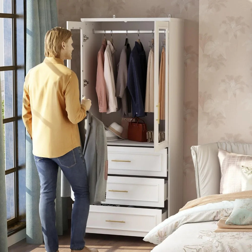 Wardrobe Armoire Dresser for Bedroom Clothing Organizer Wardrobe Armoire Closet With Glass Doors White Clothes Cabinet Warddrobe