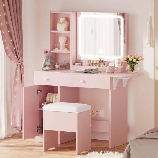 Vanity Desk with LED Lighted Mirror & Power Outlet, Makeup Table with Drawers & Cabinet,Storage Stool,for Bedroom, Dressers