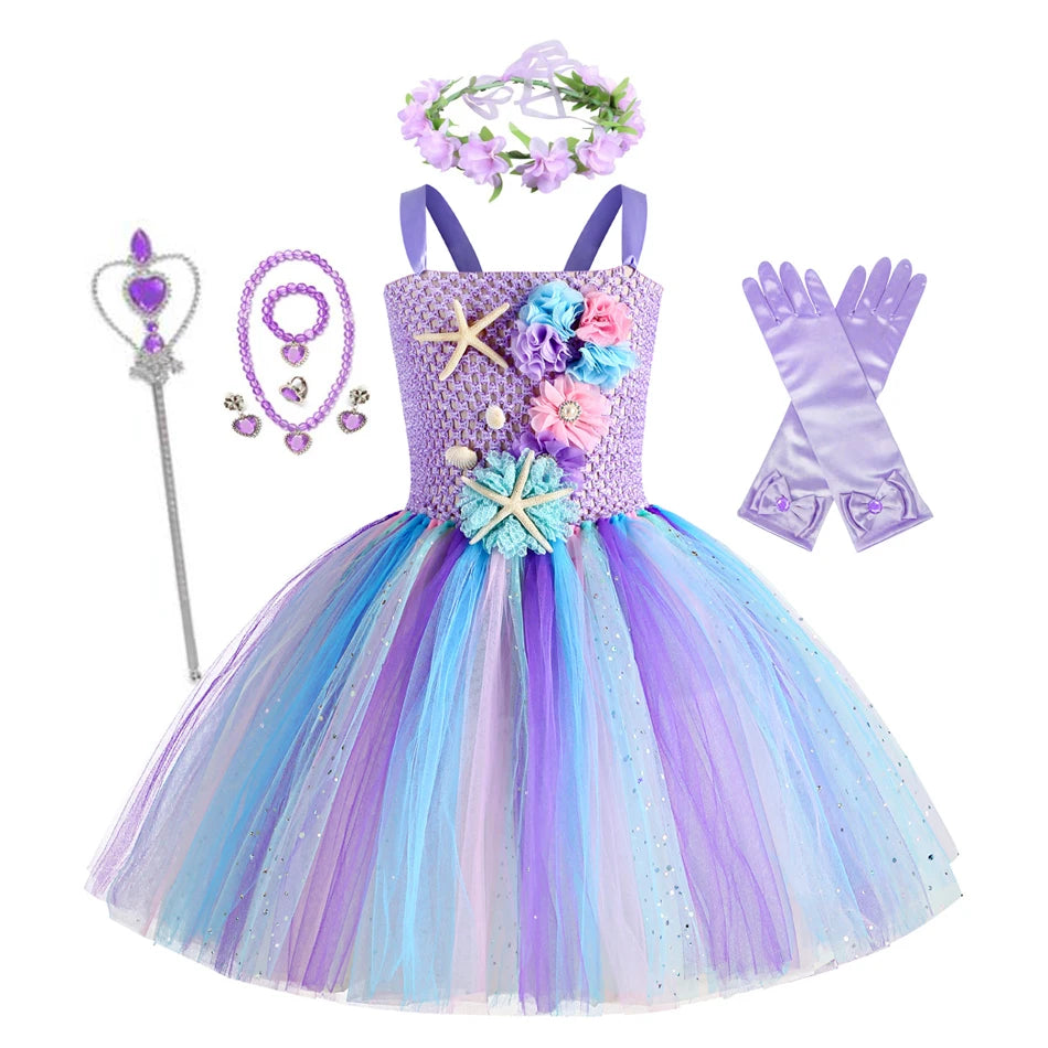 Girls Mermaid Tutu Dress Under the Sea Theme Birthday Party Carnival Costumes with Flower Headband Ocean Halloween Dresses 1-12Y