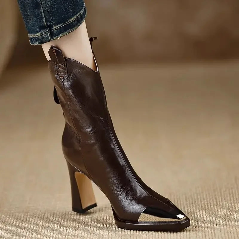 Vintage Brown Women Ankle Boots Fashion Elegant Zippers Shoes Autumn Winter Square Heel Laides Stretch Modern Short Booties