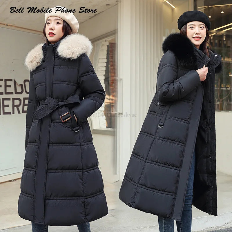 Long Parker Coat Jacket 2024 Women Autumn Winter Thick Warm Coats Woven Block Trend Hooded White Black Korean Coat Parkas