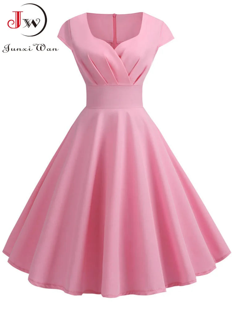 Rosa Sommerkleid Damen V-Ausschnitt Big Swing Vintage Kleid Robe Femme Elegant Retro Pin Up Party Büro Midikleider