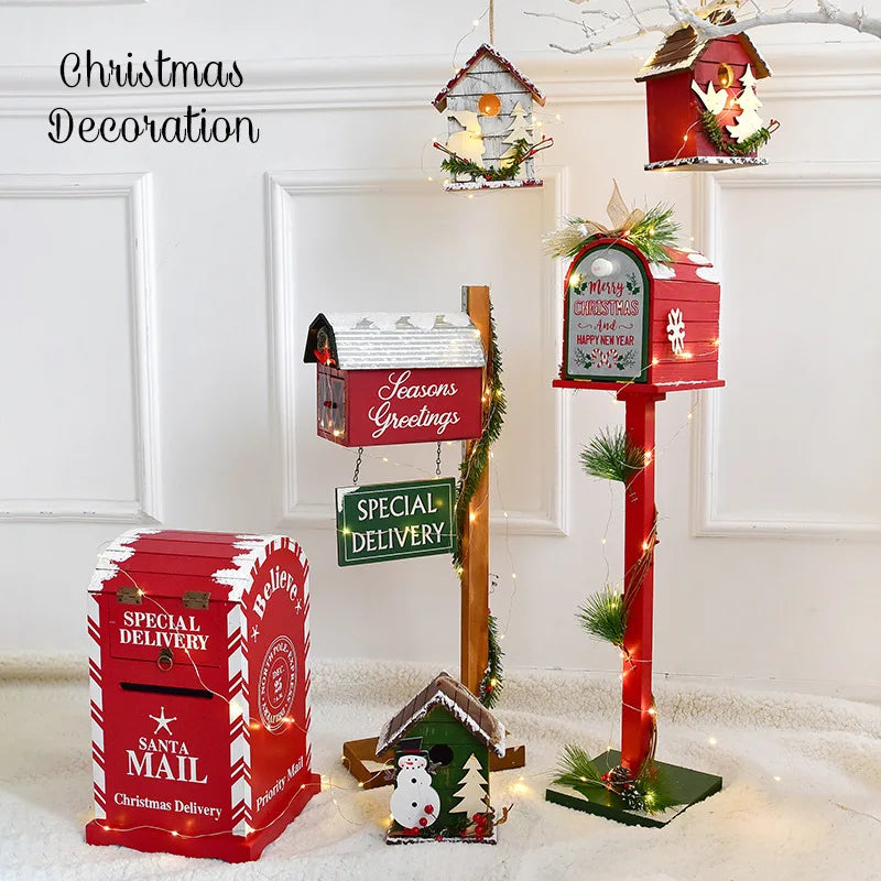 Christmas Decor Floor Letterbox Postbox Home Outdoor Wood Christmas Party Decoration Handmade Wooden Craft Mailbox Home Decor