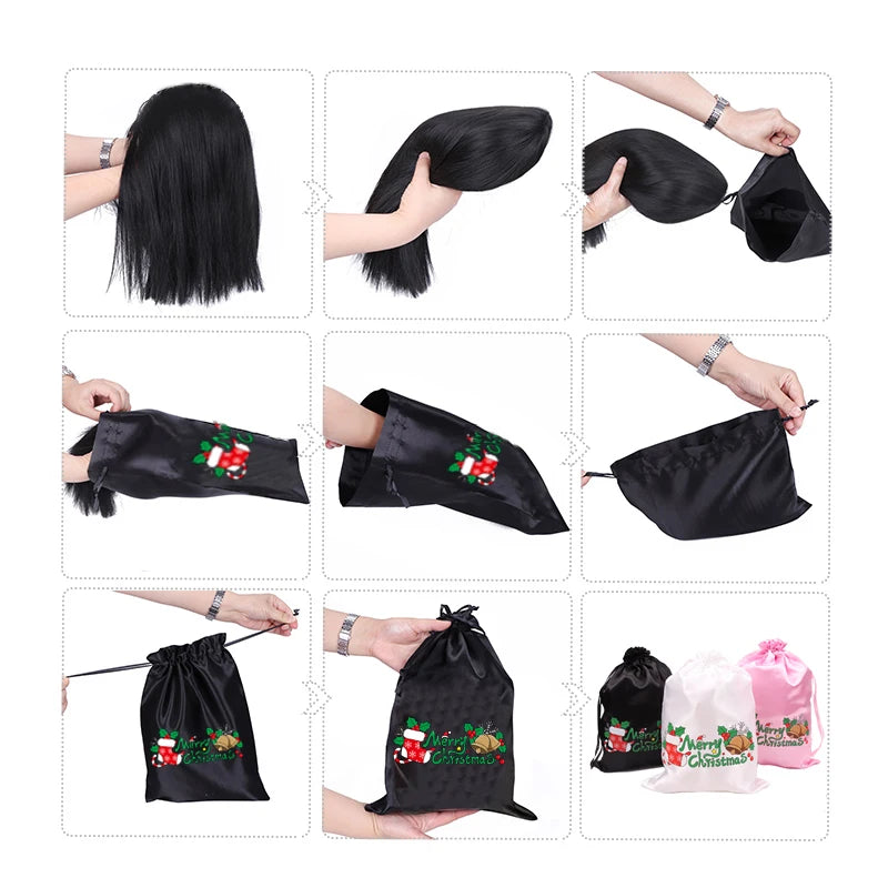 Silk Satin Packaging Bags For Wigs Christmas Gift Bags Soft Silk Pouches Hair Storage Bags With Drawstring Hair Extensions Tools