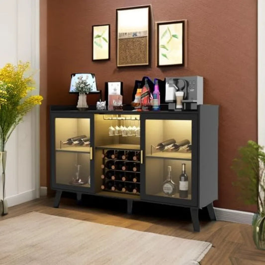 Wine Bar Cabinet with Led Light, Home Coffee Cabinet Glass Rack, Kitchen Buffet Sideboard  Freestanding Liquor Cabinet