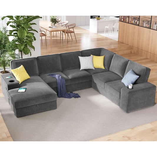 Sectional Sofa,  with Storage Chaise, U Shaped Sofa Couch with USB Ports, Corduroy Couch, Oversized Sofas