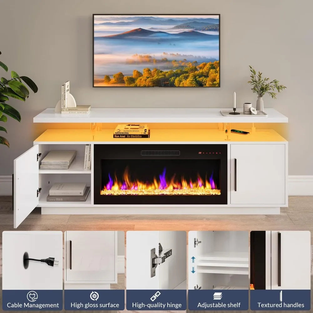 70" TV Stand for TVs Up to 75" Cabinets for Living Room LED Light Entertainment Center With 36" Electric Fireplace Heater Stands