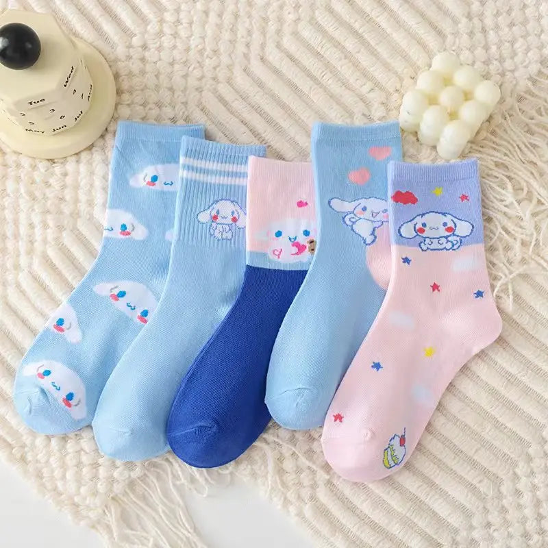 Kawaii Cute Sanrio Cinnamoroll Mid-Tube Socks Blue Combed Cotton Socks Candy Color Breathable Comfortable Girls Christmas Gift