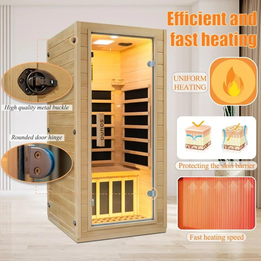 Sauna Room 1 Person Hemlock Wooden Indoor Dry Sauna，Low EMF 1200W/110V Heaters Panels,LCD Control Panel,10 Minutes Pre-Warm Up