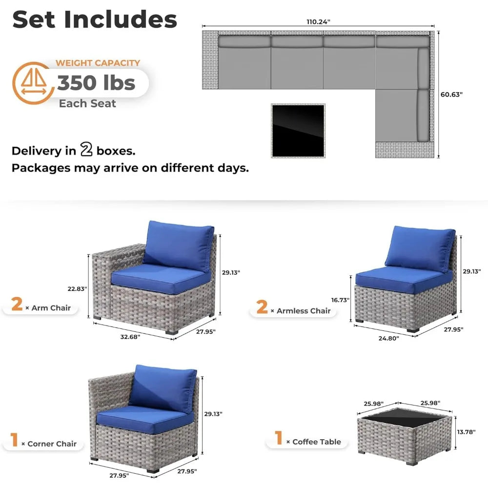 Patio Furniture Set , Couch with Comfy Cushions and Deep Seat,  Wicker Rattan Conversation Set, 6 Pieces Outdoor Sectional Sofa