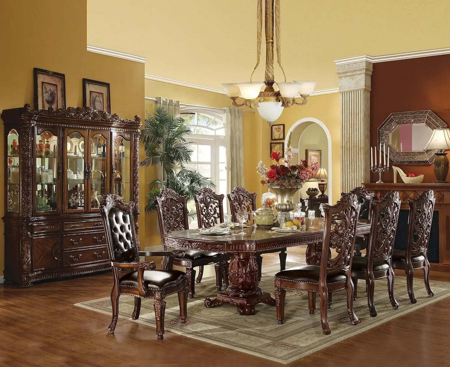 9 pc Formal Dining Table Set Include 1 Dining Table,6 Side Chairs and 2 Arm Chairs,8-Person Solid Wood Extendable Dining Set