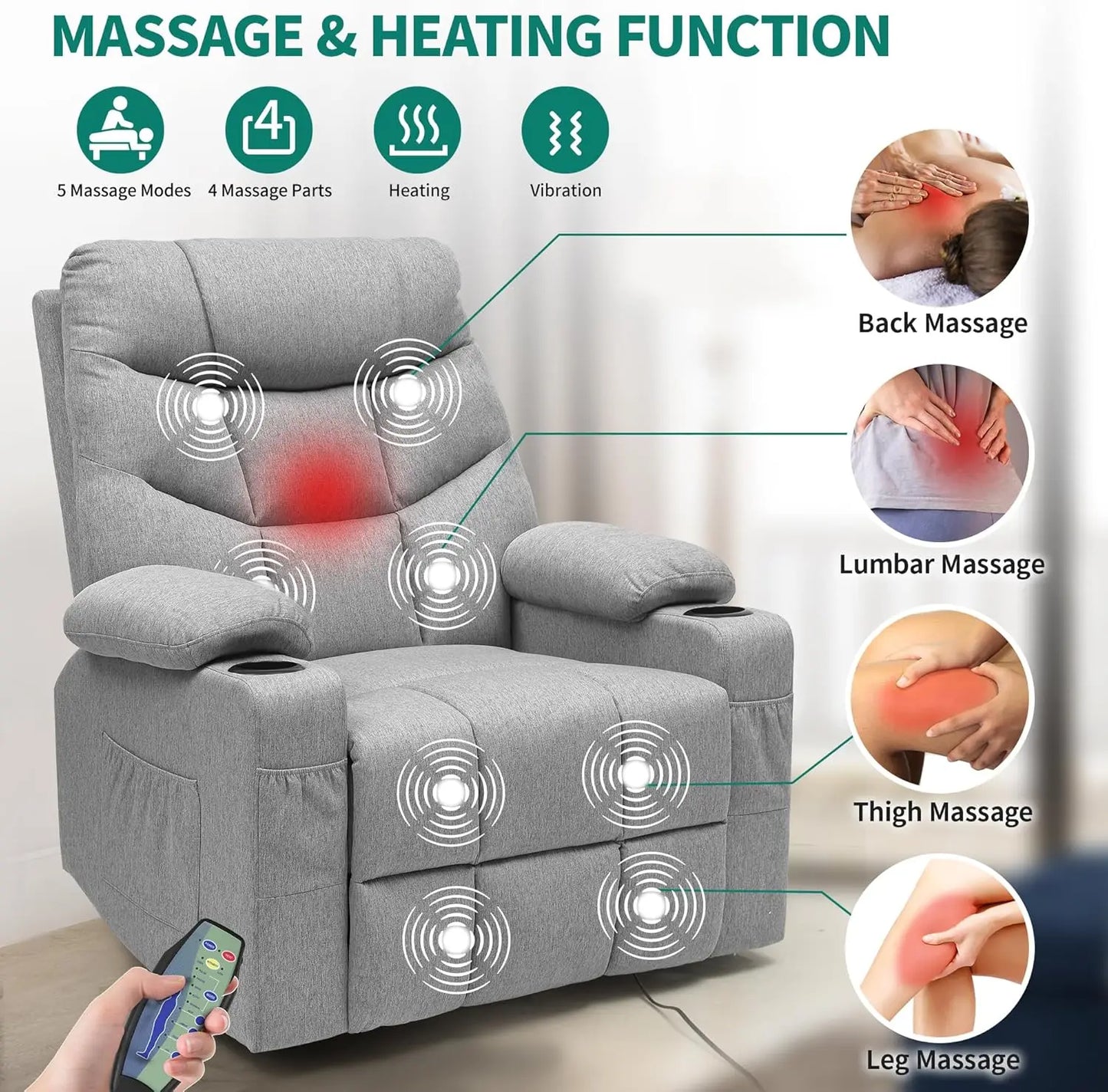 Recliner for Big and Tall Seniors, 270° Swivel Glider Rocker Recliner with Heat and Massage for Living Room, Theater Seating