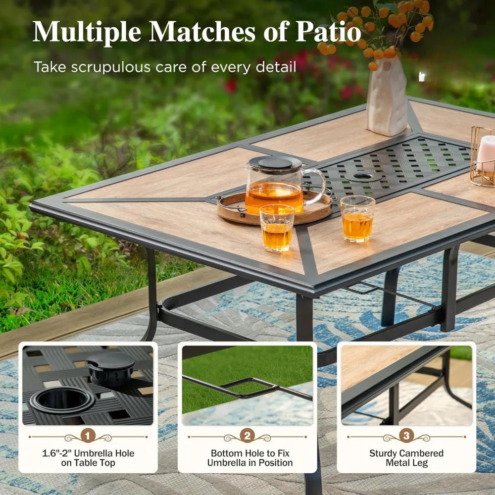 Patio Table and Chairs Set, Rectangular Outdoor PVC Metal Table with Umbrella Hole, 7 Pieces Outdoor Dining Sets