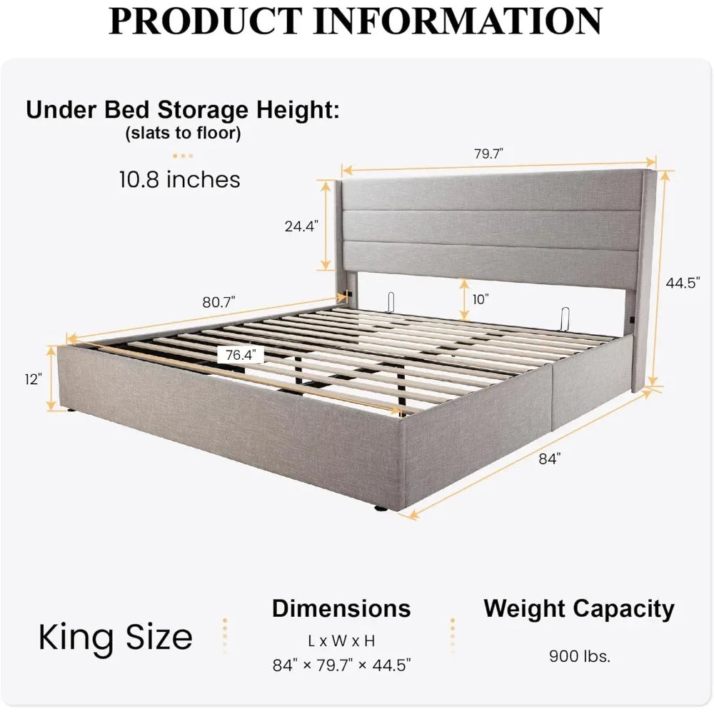 King Size Lift Up Storage Bed/Modern Wingback Headboard/Upholstered Platform Bed Frame/Hydraulic Storage/No Box Spring Needed