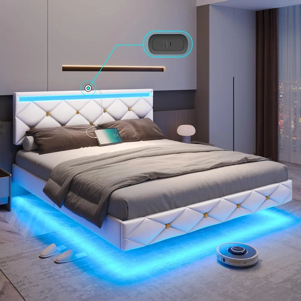 Floating Bed Frame with LED Lights and USB Ports Modern LED Bed Frame with Headboard Faux Leather Low Profile Platform Bed Frame