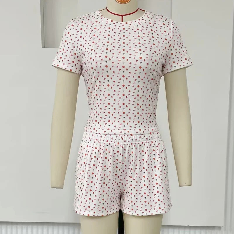 Women Y2K Cute Pajamas Shorts Set 2 Piece Fruit Print Short Sleeve Top and Shorts Bodycon Outfits Suit Lounge Cozy Sleepwear