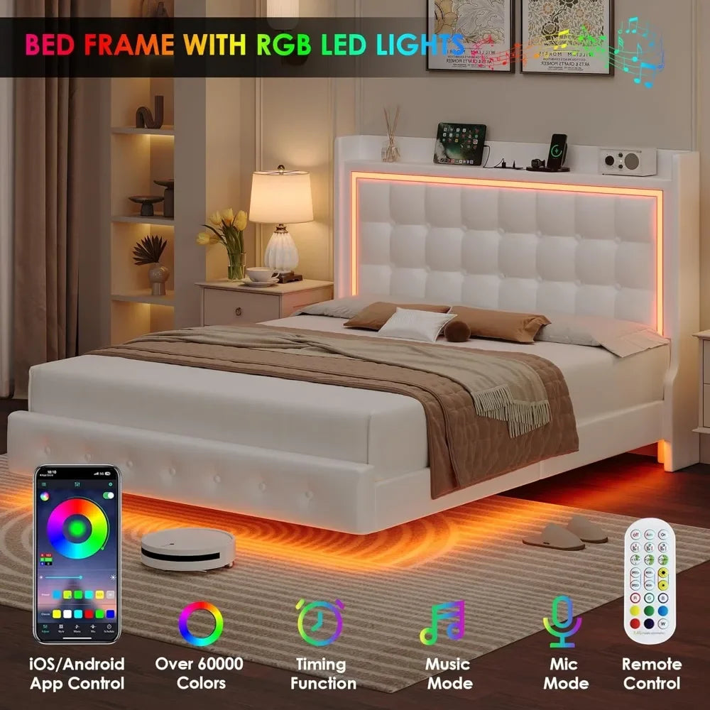 Upholstered Floating Bed Frame with LED Lights and Charging Station,Pu Leather Platform Bed with Button Tufted Storage Headboard