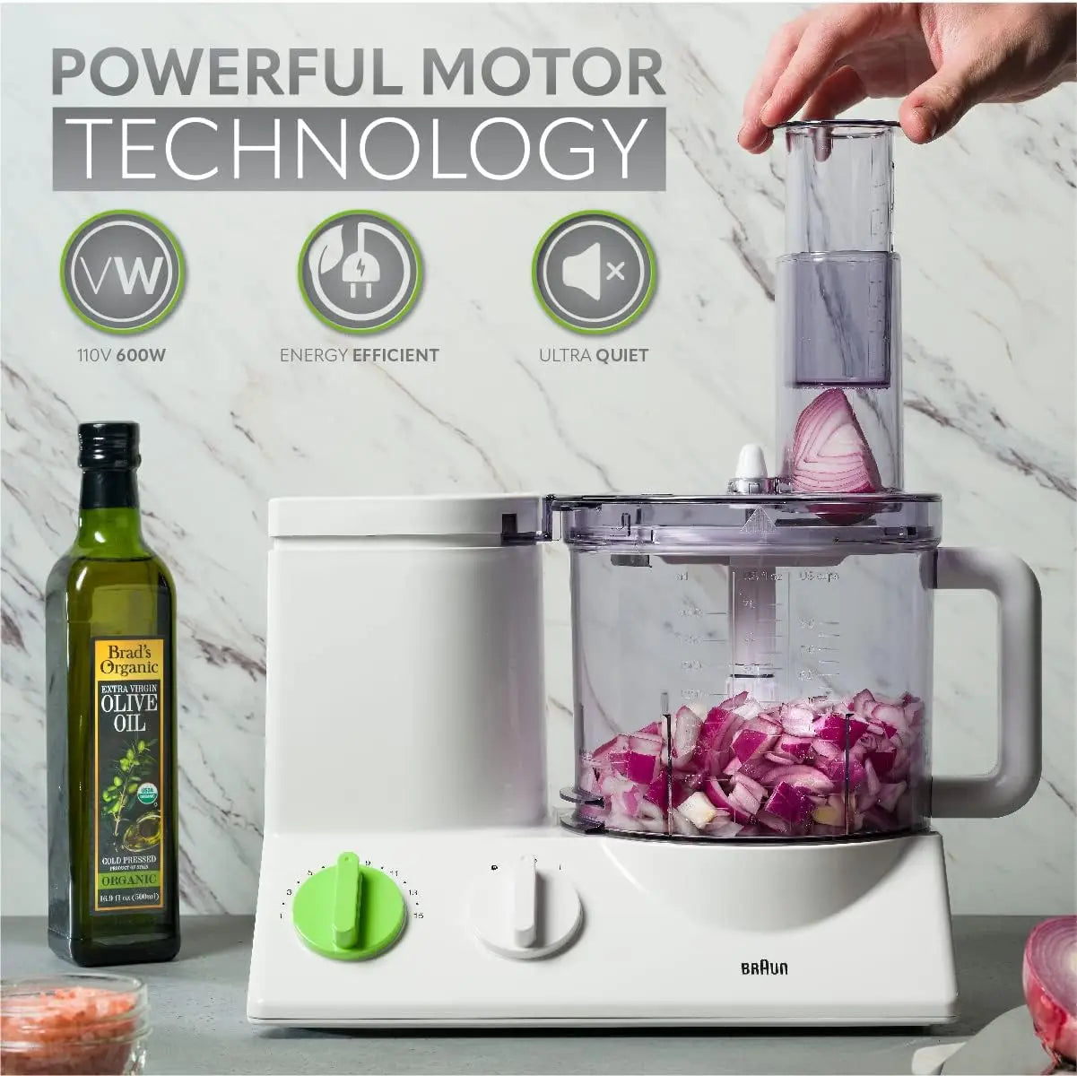 12 Cup Food Processor Ultra Quiet Powerful motor, includes 7 Attachment Blades + Chopper and Citrus Juicer , Made in Europe