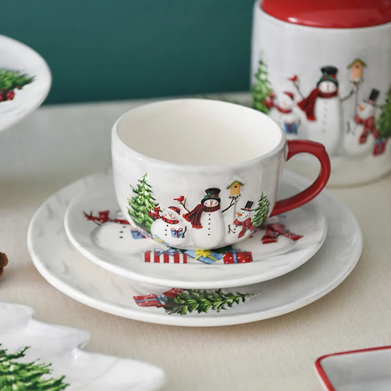 Nordic Style Rural Christmas Snowman Bowls Plates Tableware Relief Rice Salad Bowls Western Style Ceramic Flat Plate Bowl ZE07