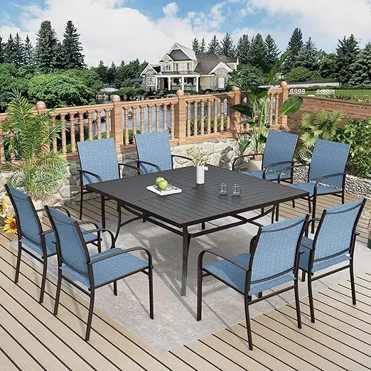 9-Piece Patio Dining Set, Outdoor Furniture Set with 8 Brown Textilene Chairs and Large Square Table,Garden Furniture Sets