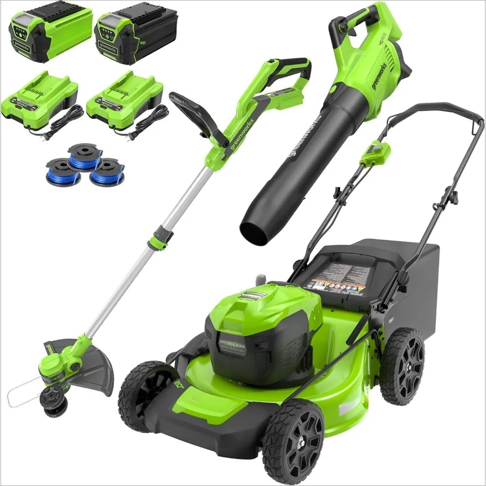 Cordless Lawn Mower (Push),  40V 20" Axial Leaf Blower (500 CFM / 120 MPH),12" String Trimmer with 2 Batteries,Lawn Mower