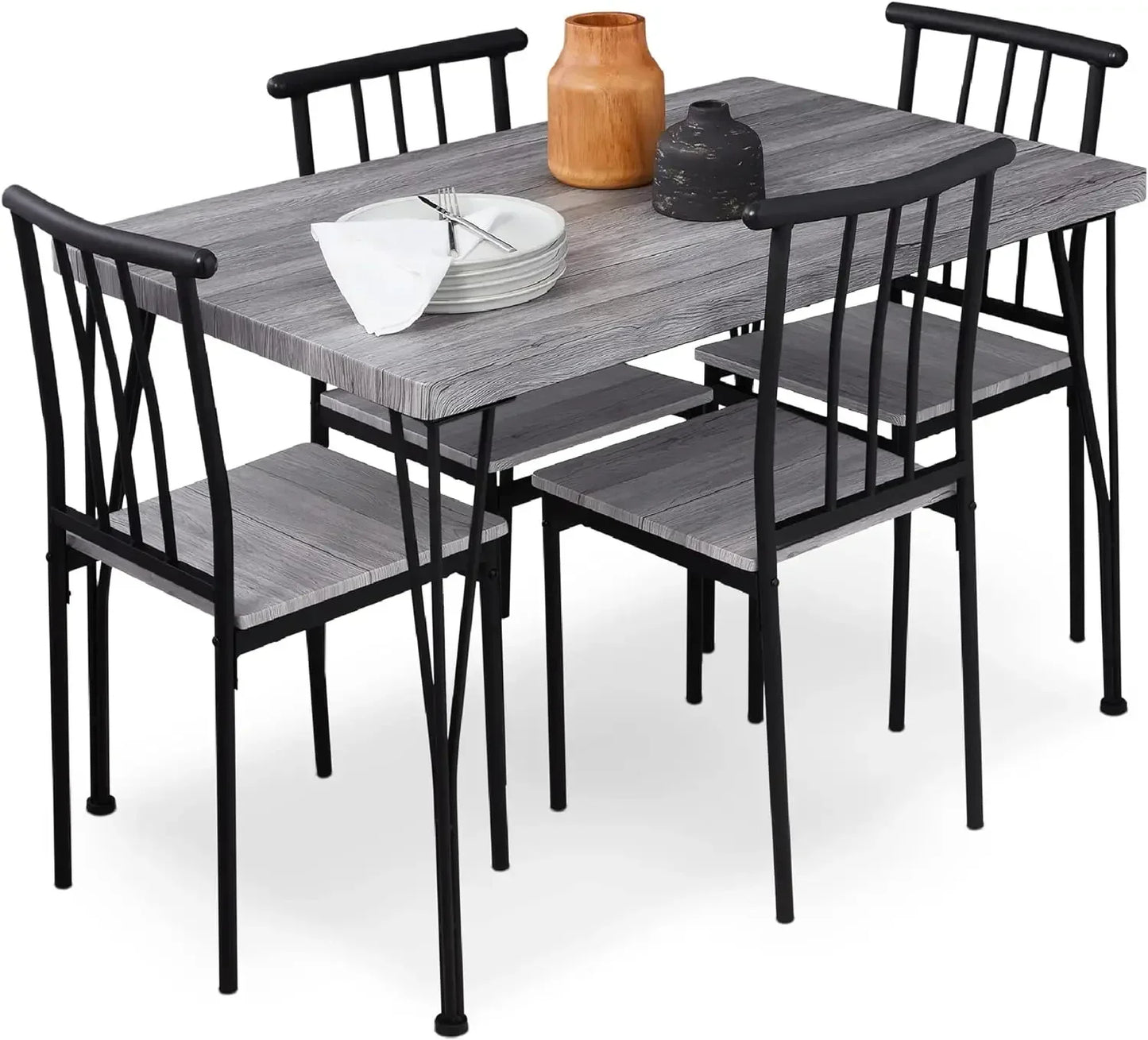 5-Piece Metal and Wood Indoor Modern Rectangular Dining Table Furniture Set for Kitchen, Dining Room, Breakfast Nook w/ 4 Chairs