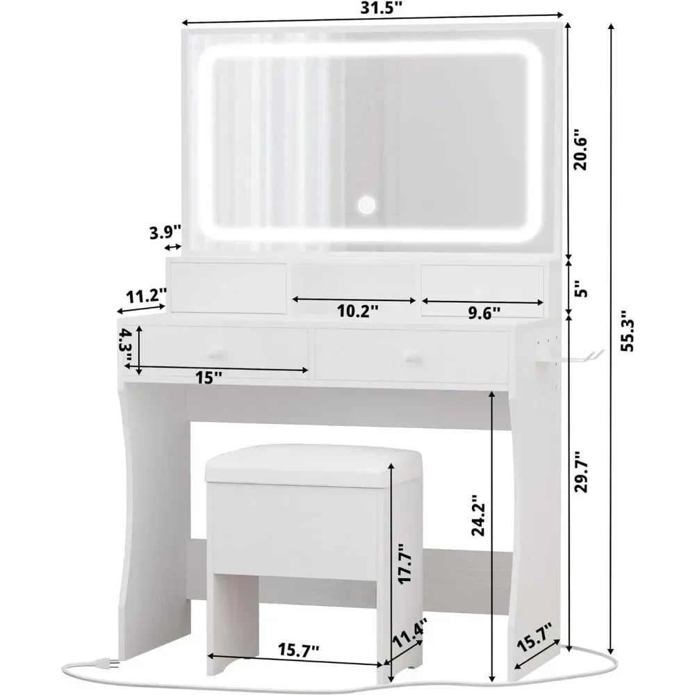 Vanity Desk with LED Lighted Mirror & Power Outlet & 4 Drawers,Dressing Makeup Table Set with Storage Stool and Hair Dryer Stand