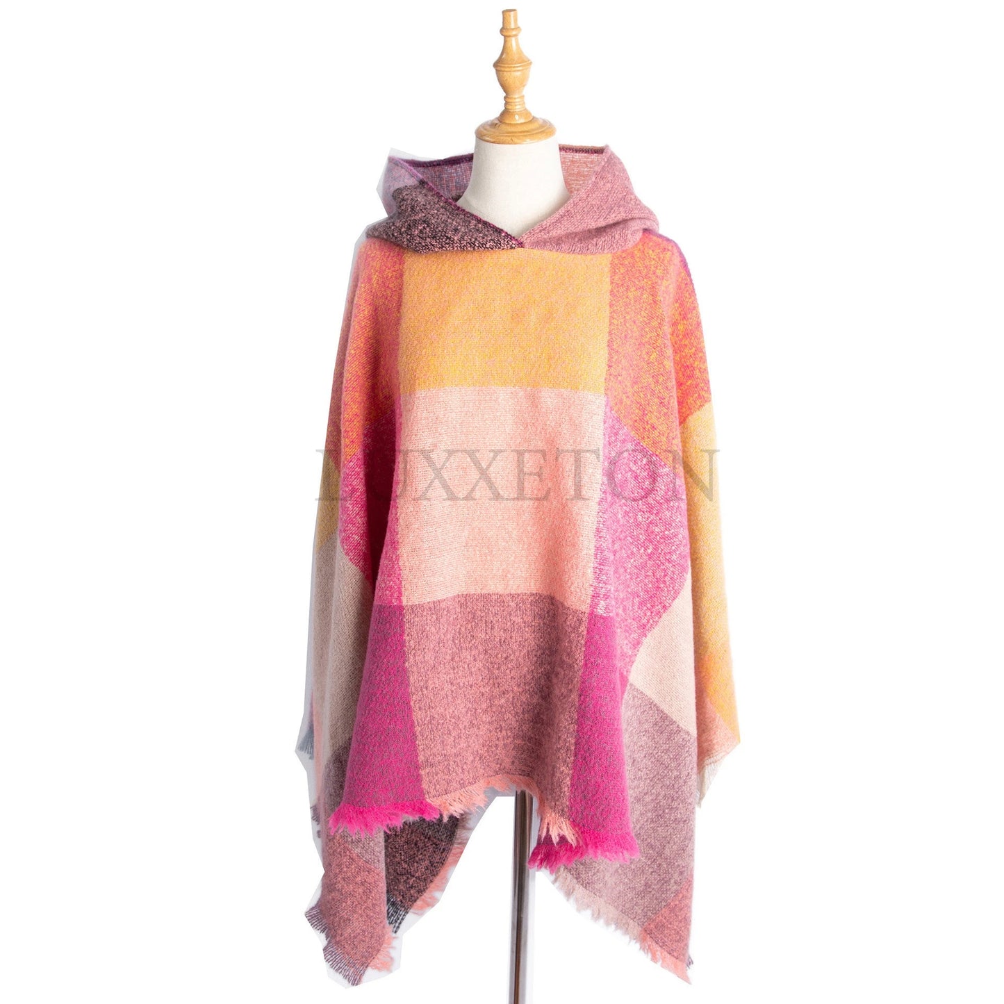 Ladies Hooded Plaid Cape Square Sweater Thicken Winter Shawl Wraps Blanket Scarf Coat Ponchos for Women