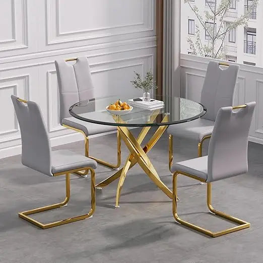 5 Piece Glass Dining Table Table Set, with 4 PU Dinings Chairs for Kitchen Dining Room,Kitchen Table Set