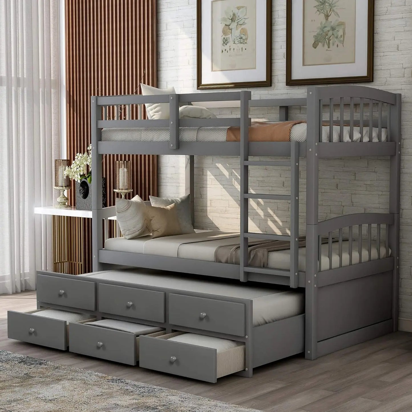 Twin Over Twin Bunk Bed with Safety Rail, Ladder, Twin Trundle Bed with 3 Drawers for Bedroom, Guest Room Furniture