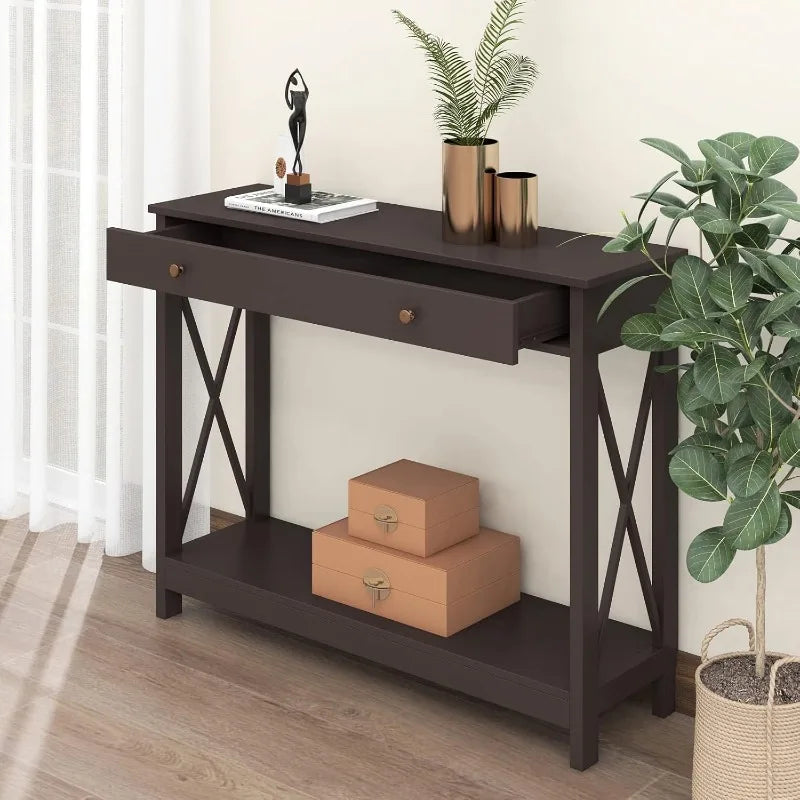 Black Console Table with Drawer and Storage Shelves, Foyer Sofa Table Narrow for Entryway, Living Room, Hallway