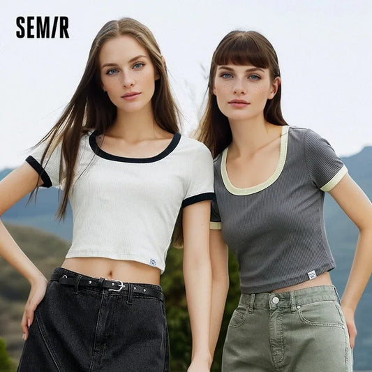 Semir T Shirt Women Short Sleeved Tee Short Front Shoulder Sexy Overlay 2024 Summer New Contrast Tight Tshirt Versatile Tee Wome