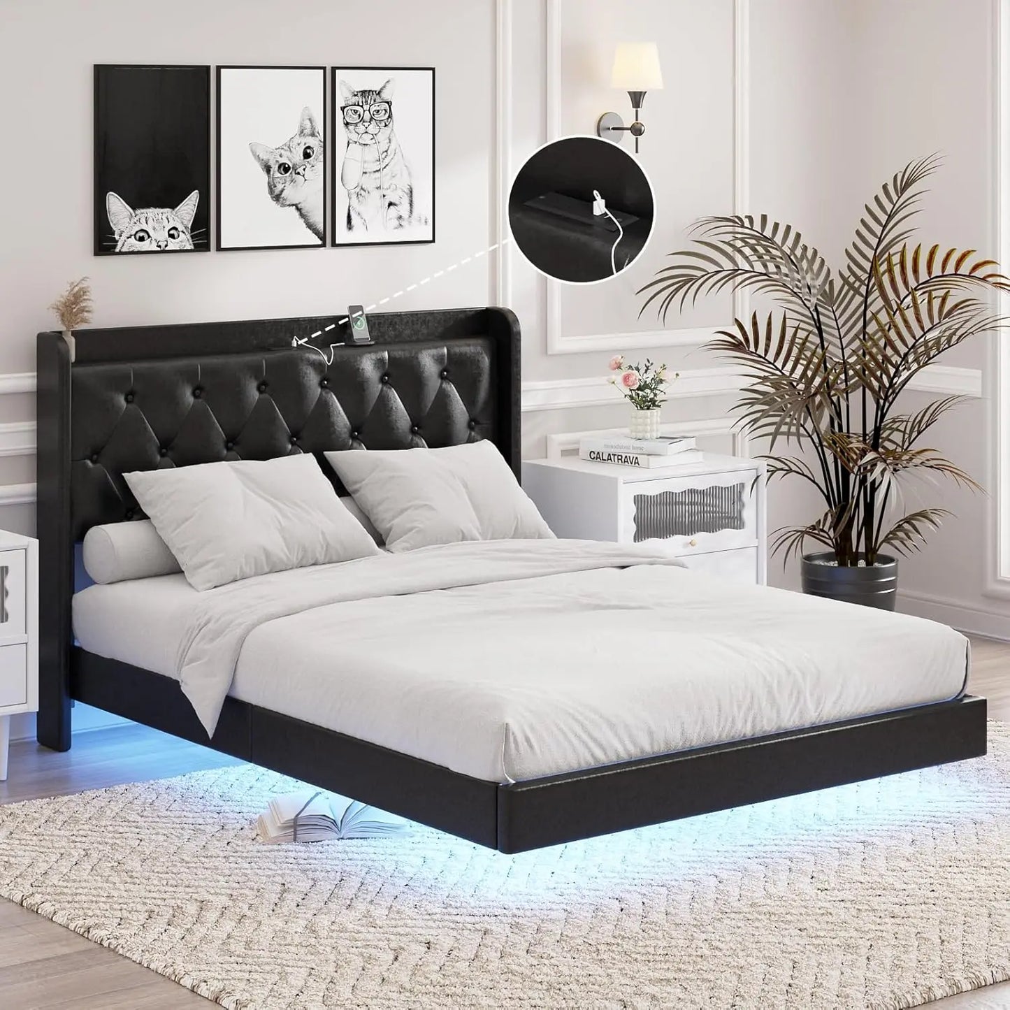 Floating Bed Frame with LED Lights, Upholstered PU Leather Platform Bed with Charging Station & Button Tufted Headboard Storage