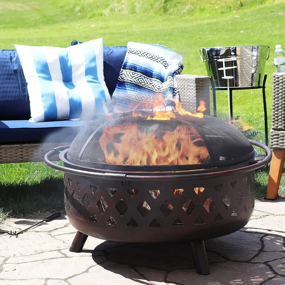 Wood-Burning Fire Pit - Includes Spark Screen, Fireplace Poker, and Round Cover, Fireplaces for Bonfire Picnic, Outdoor Heaters