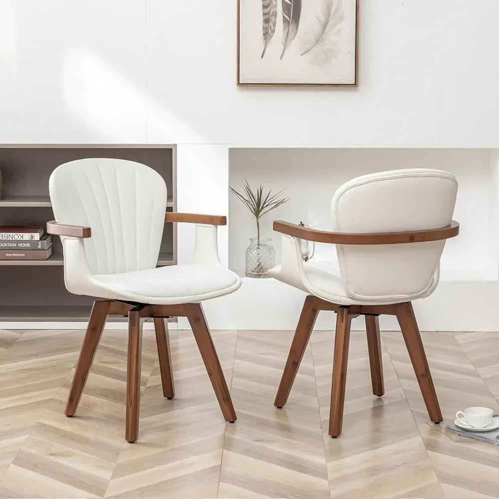 Swivel Dining Chairs Set of 2, Mid Century Modern White Faux Leather with Arms,Bamboo Legs, No Wheels,dining Room Chair