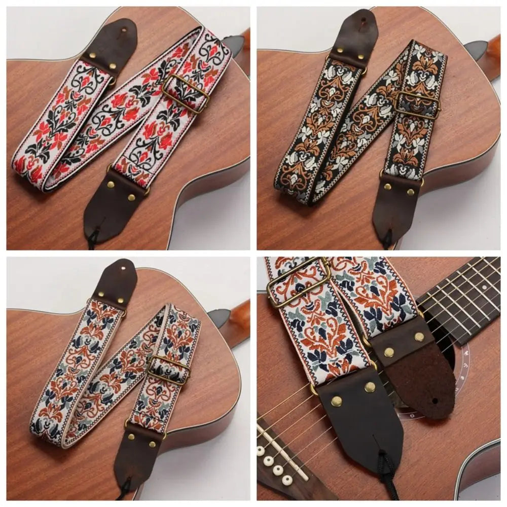 Vintage Flowers Embroidered Guitar Strap Leather Head Adjustable Guitar Strap Belt Cotton Tail Nail Pick Electric Guitar Belt