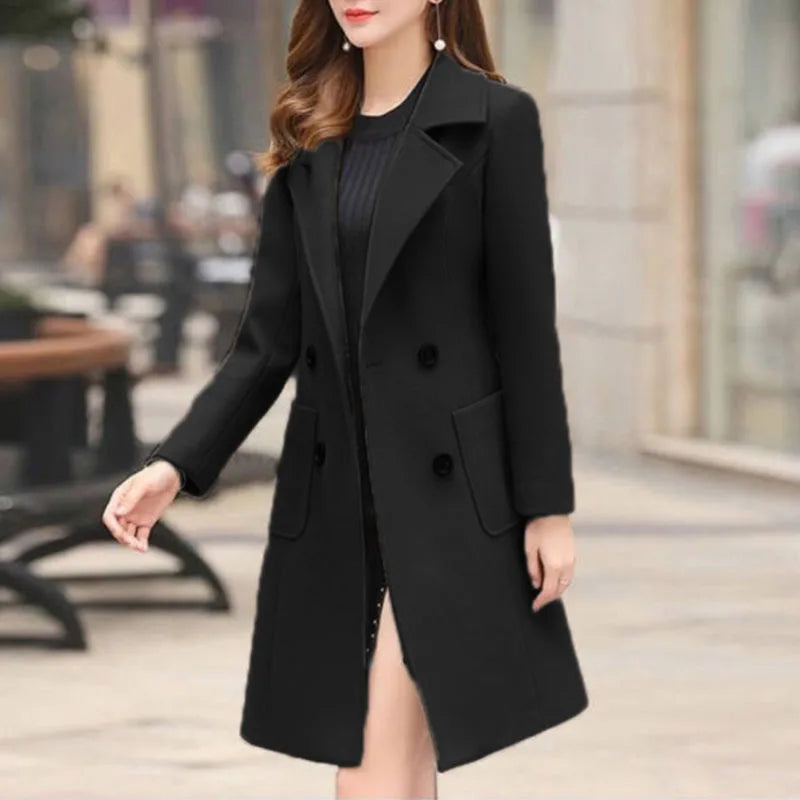 2024 Autumn Winter Women Long Woolen Coats Double Breasted Female Solid Color Slim Fit Outerwear Turn-down Collar Streetwear