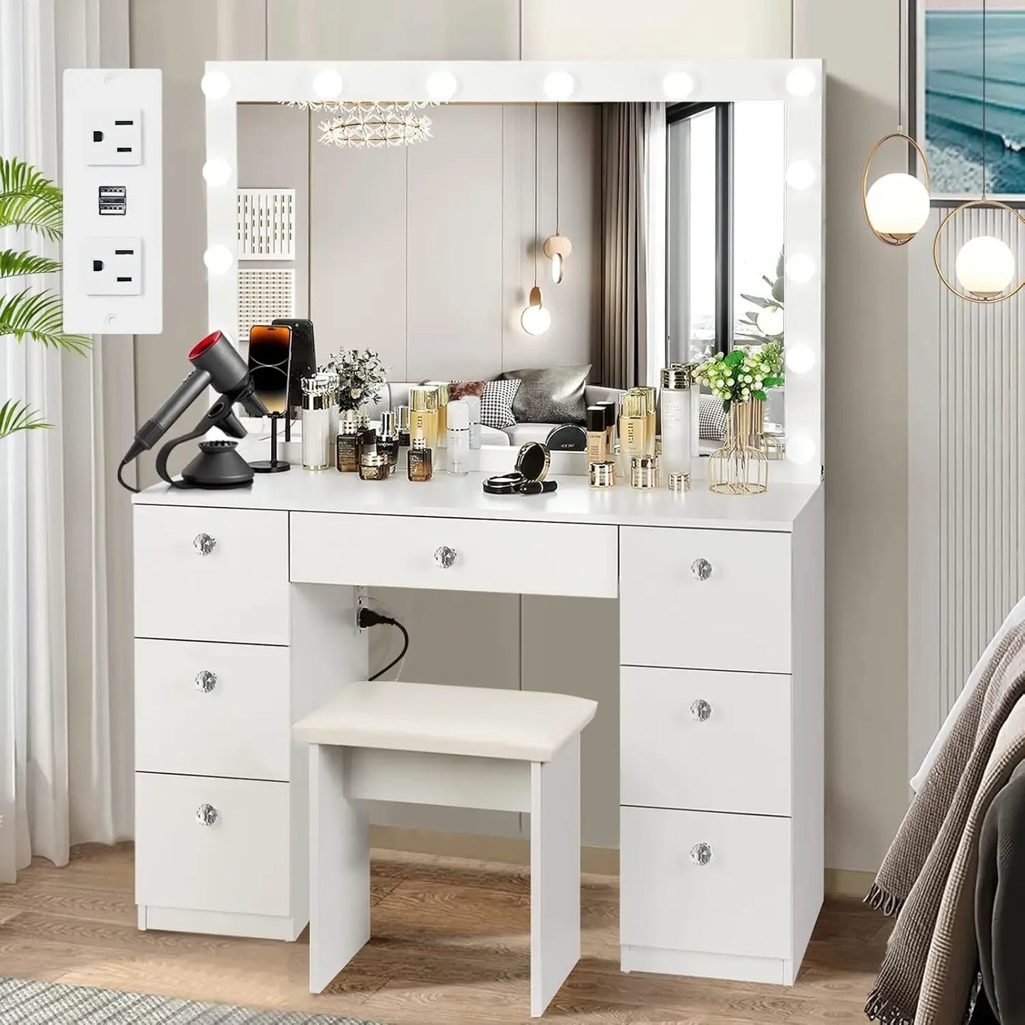 Vanity with Lighted Mirror,3 Color Lighting Modes Adjustable Brightness Makeup Vanity Desk with Power Outlet and LED Bulbs