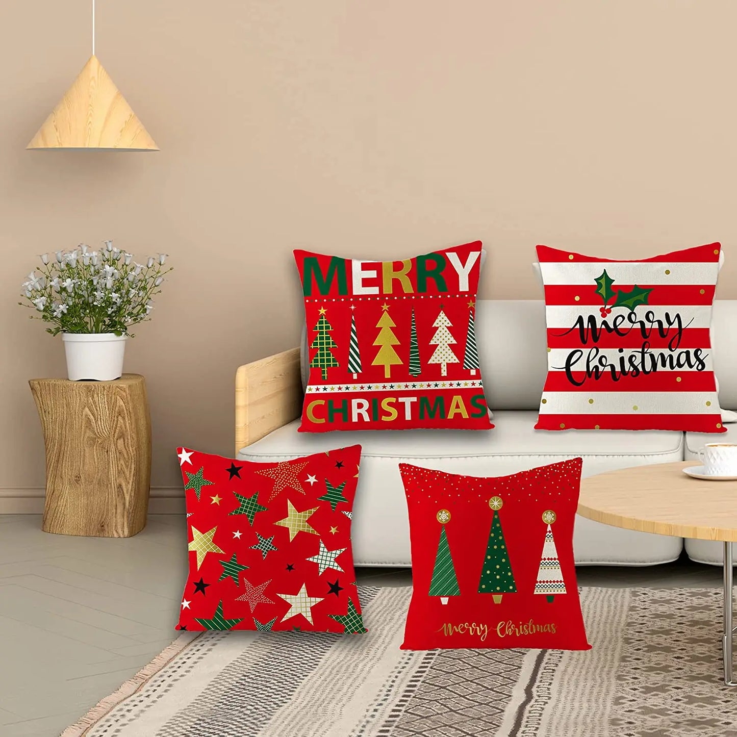 Christmas Cushion Covers Set of 4 Linen Christmas Pillow Cases 18 x 18 inch Xmas Design Throw Pillow Cases for Sofa