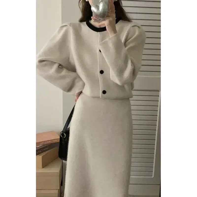 Kimotimo Knitted 2 Piece Sets Womens Korean Chic Elegant Round Neck Loose Sweater Cardigan High Waist A-line Long Skirts Suits