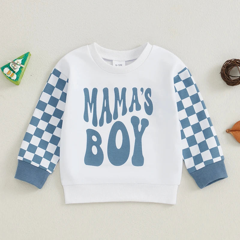 Baby Boys Sweatshirt, Long Sleeve Crew Neck Letters Print Plaid Infant Hoodie Fall Clothes