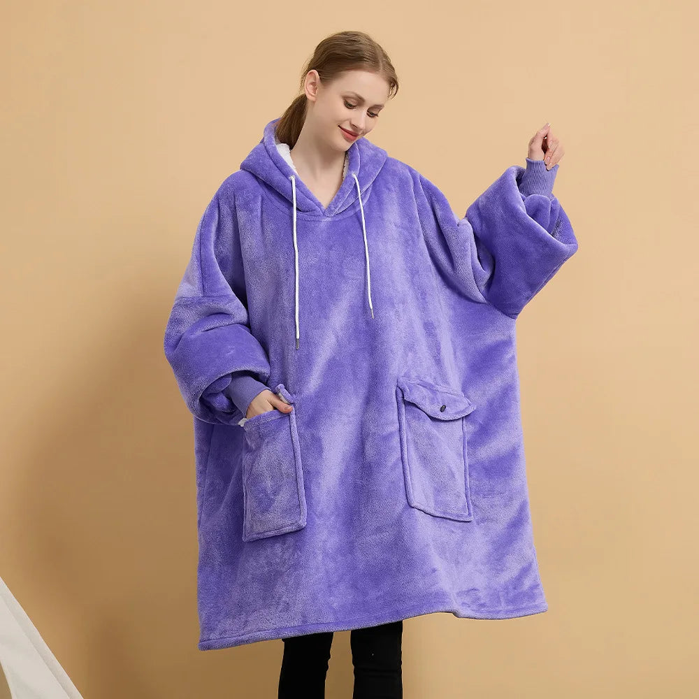 2024 Winter Warm Lazy Blanket Hooded Sweater Double-sided Fleece Thickened Home Clothes Pullover Hoodie Oversized Nightgown