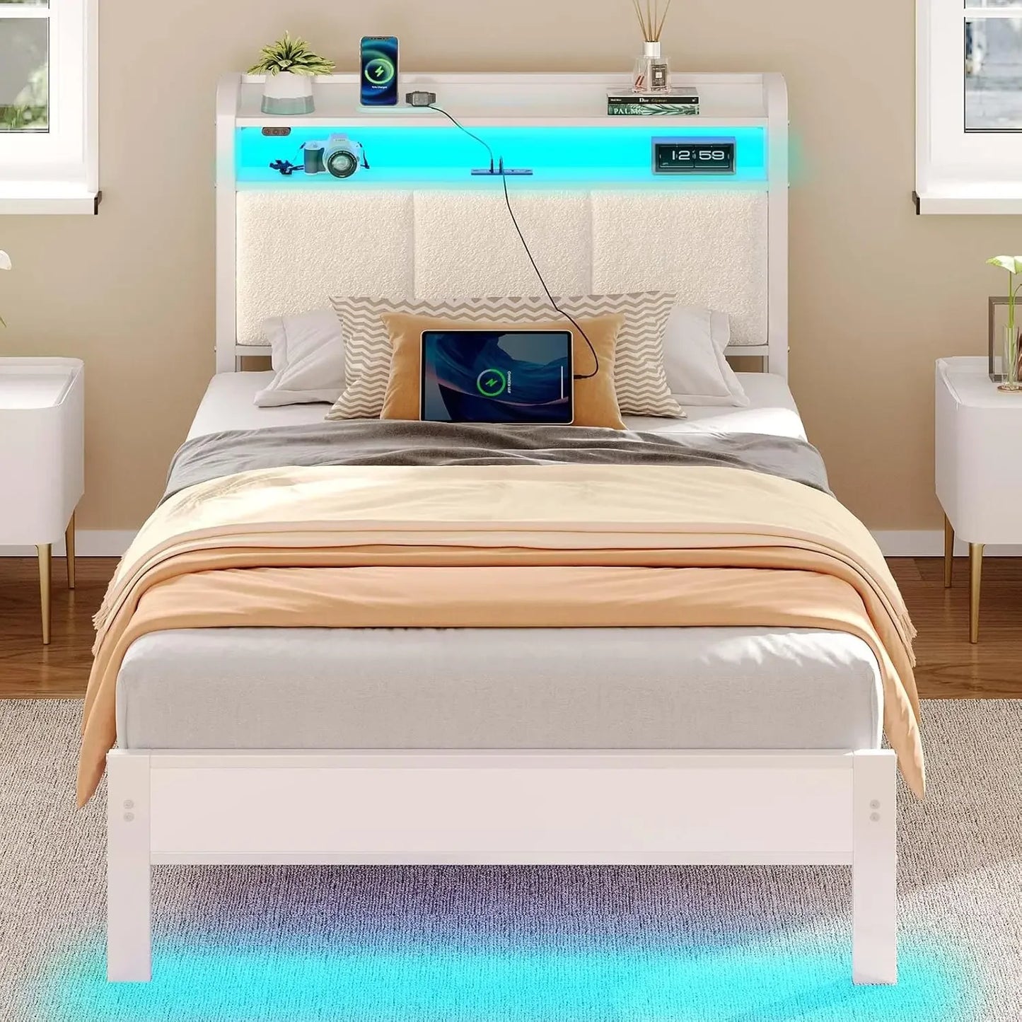 Queen Bed Frame with LED Lights, Upholstered Headboard, Charging Station, Storage Shelves, Heavy Duty Metal Slats bedstead