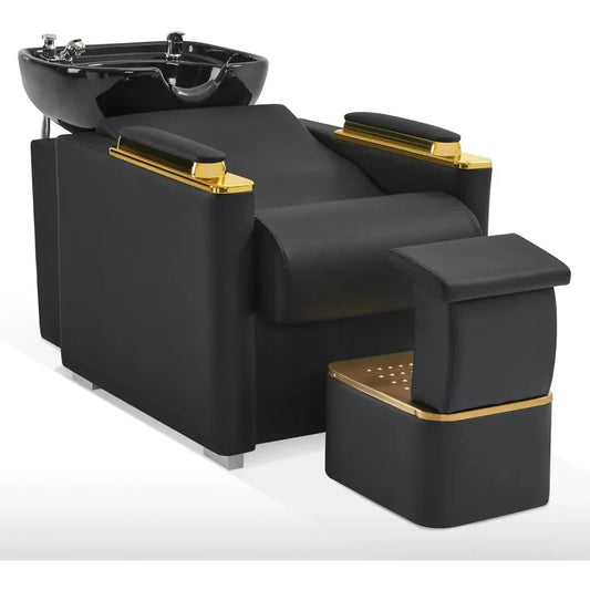 Backwash Shampoo Station Chair with Ceramic Shampoo Bowl, Vacuum Circuit Breaker, Professional Black Gold Shampoo Chair