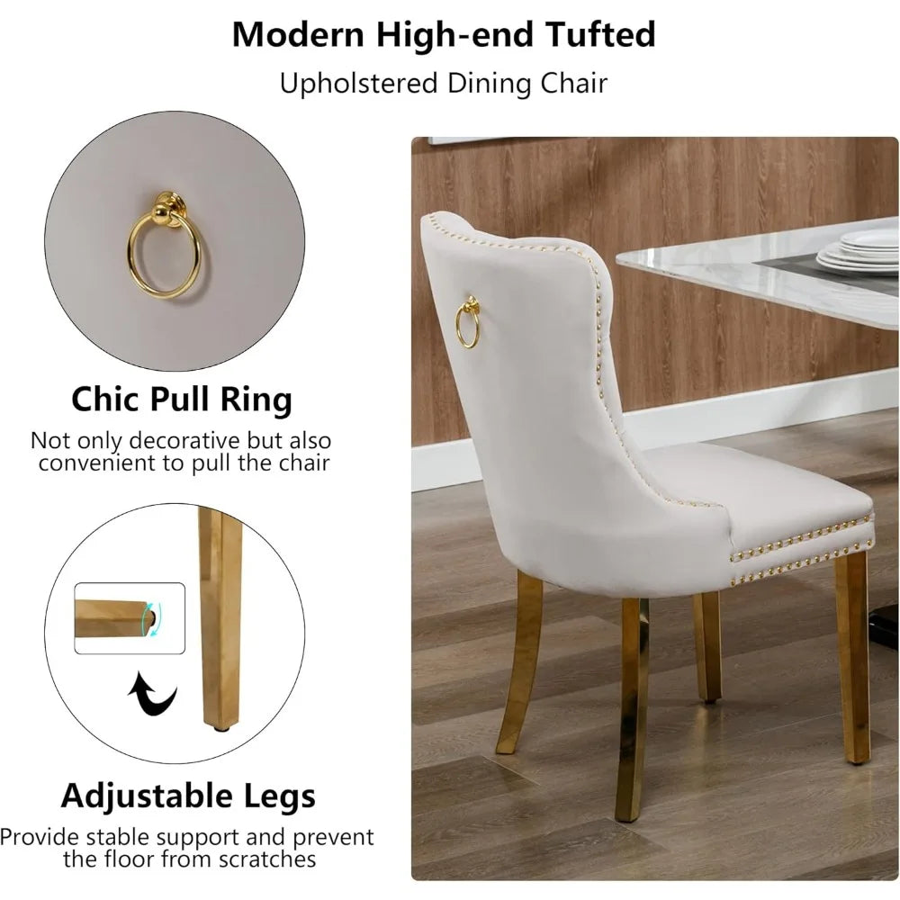 Velvet Dining Chairs Set of 6, Tufted Nailhead Accent Dining Room Chairs with Pull Ring Gold Stainless Steel Legs, free shipping