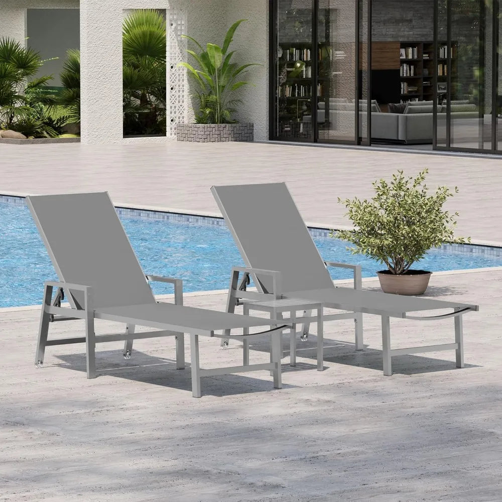 Patio Chaise Lounge Chair Outdoor with Wheels&Armrests, Aluminum Pool Lounge Chairs Five-Position Adjustable Recliner