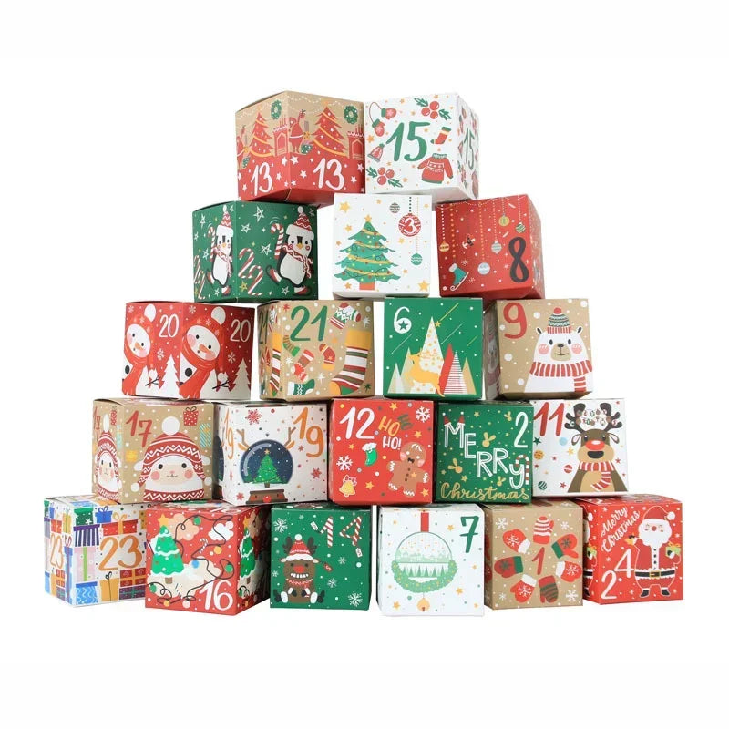 24pcs 1-24 Christmas Advent Calendar Gift Box Kids Xmas New Year Candy Cookies Wrapping Paper Box Christmas Gift Toy Only Boxes